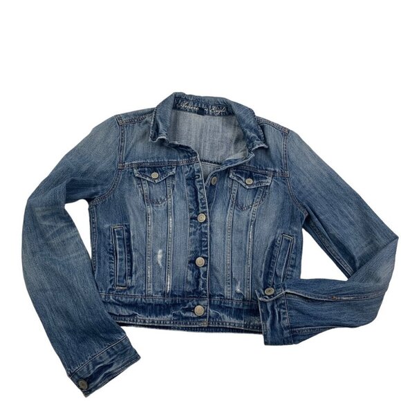American Eagle Distressed Medium Wash Cropped Denim Jacket Women's Size Medium - Picture 1 of 7
